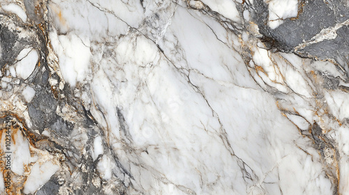 White Marble Texture: Abstract close-up of a white marble surface with intricate veins and patterns in shades of gray, brown, and gold, offering a captivating visual experience. 