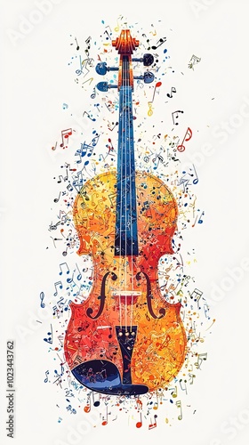 This vibrant illustration features a violin adorned with abstract musical notes, creating a dynamic and artistic visual appeal that captures the essence of music. photo