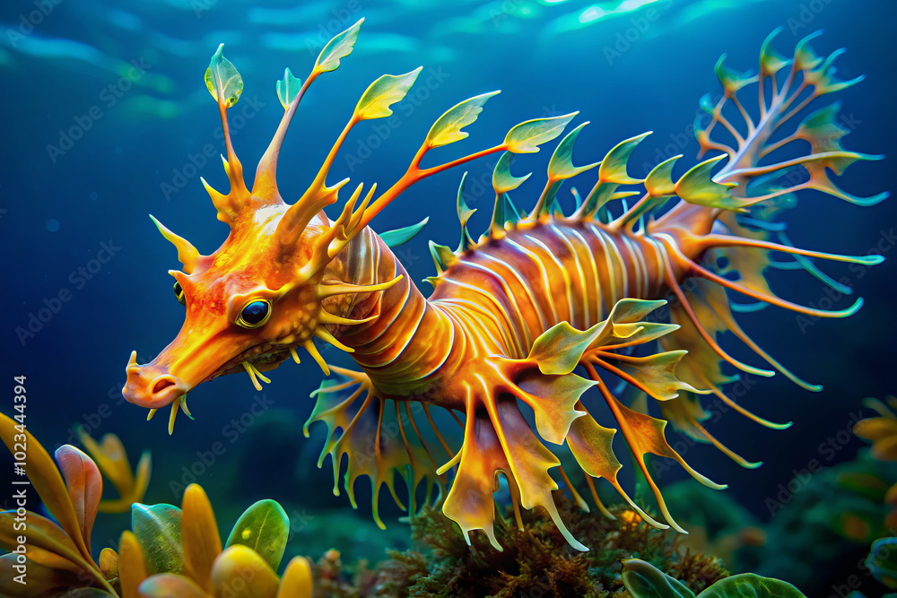 vibrant leafy sea dragon swims gracefully through colorful underwater landscape, showcasing its intricate patterns and vivid hues. enchanting marine life captivates with its unique appearance and vibrant leafy sea dragon swims gracefully through colorful underwater landscape, showcasing its intricate patterns and vivid hues. enchanting marine life captivates with its unique appearance and