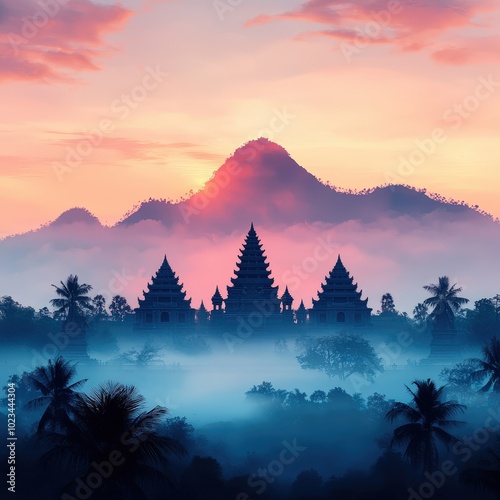 A majestic temple silhouette rises against a vibrant sunrise sky, surrounded by fog and mountains. This serene landscape captures beauty and tranquility.