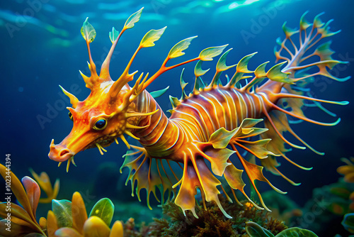 vibrant leafy sea dragon swims gracefully through colorful underwater landscape, showcasing its intricate patterns and vivid hues. enchanting marine life captivates with its unique appearance and