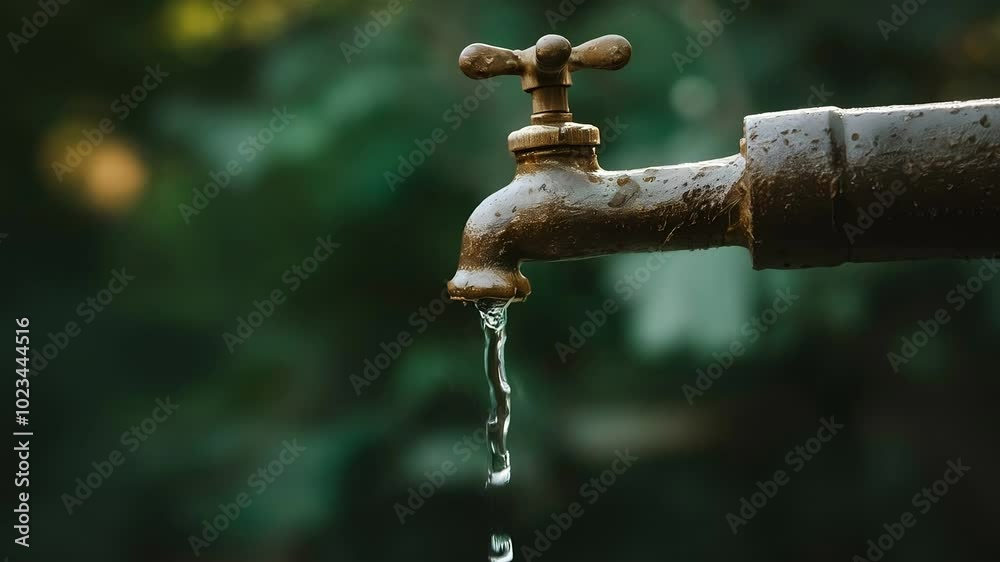Close-up of water flowing from an old brass tap into a simple, clean space, conveying calmness and simplicity in motion. Close-up of water flowing from an old brass tap into a simple, clean space, conveying calmness and simplicity in motion.