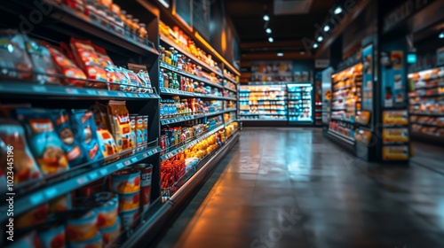 Colorful supermarket aisle filled with various snacks and products under bright lighting on shelves.