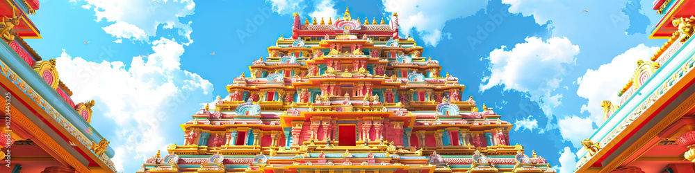 A Hindu temple's towering gopuram, its intricate carvings and vibrant reds and golds paying homage to deities. A Hindu temple's towering gopuram, its intricate carvings and vibrant reds and golds paying homage to deities.