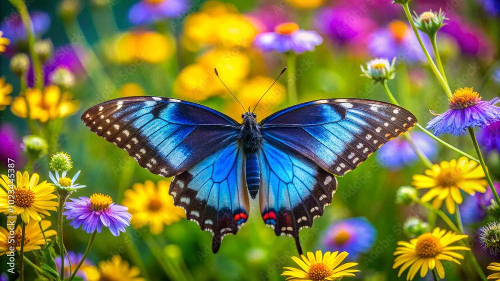 Naklejka premium vibrant blue butterfly with delicate iridescent wings rests among colorful flowers, creating stunning contrast in lively garden setting. scene evokes sense of tranquility and beauty