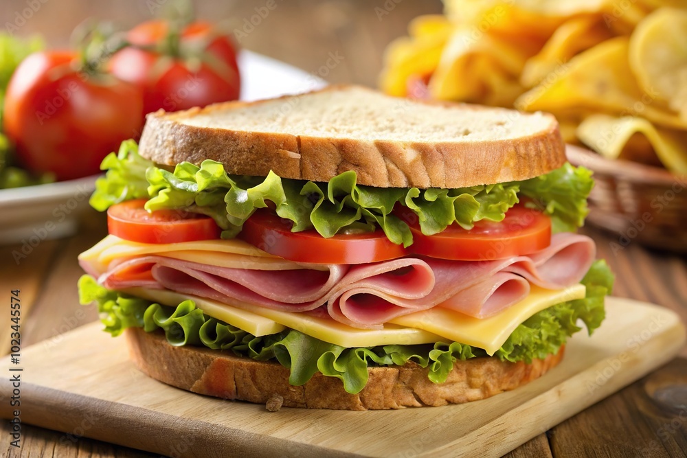Hearty sandwich filled with deli meats, cheese, lettuce, tomato, chips Hearty sandwich filled with deli meats, cheese, lettuce, tomato, chips