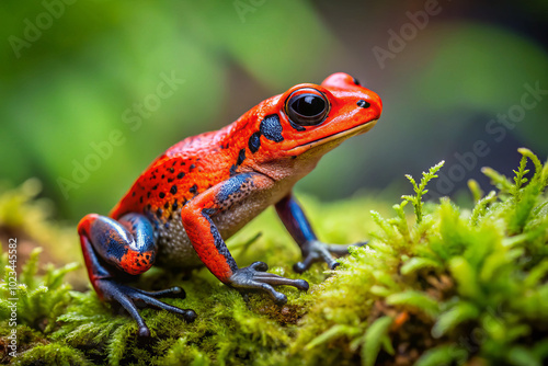 vibrant strawberry poison dart frog perched on lush green moss, showcasing its striking red and blue colors. This captivating amphibian is true marvel of nature