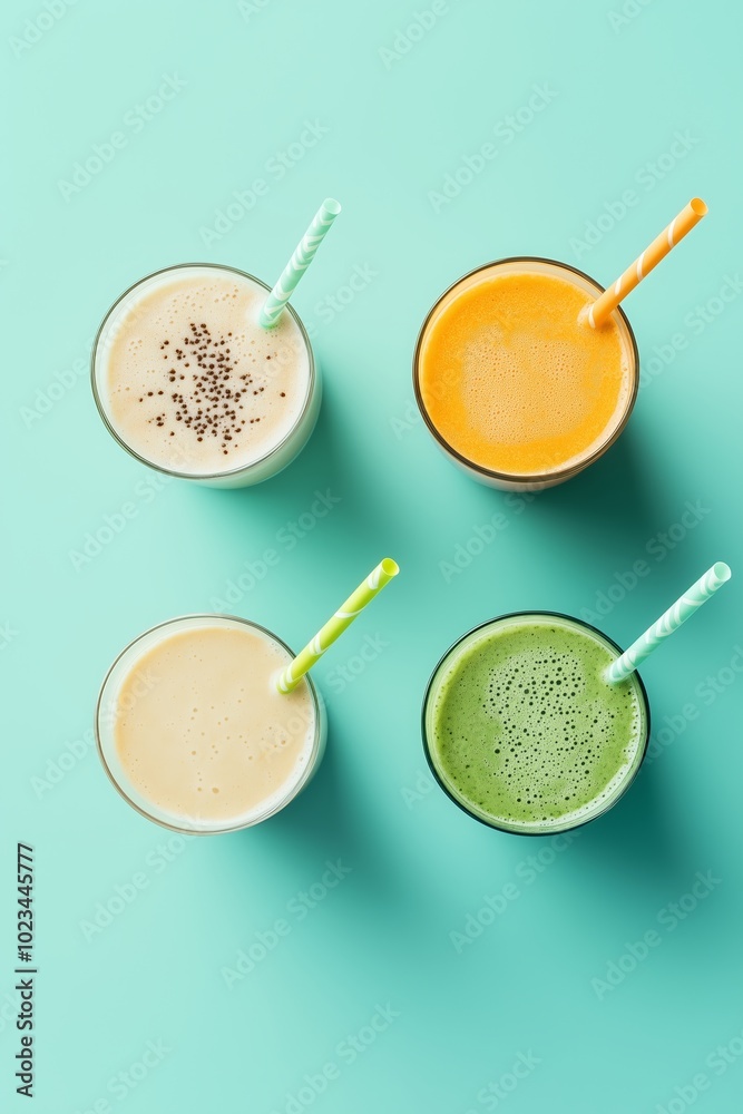 Top view of four colorful glasses with vibrant smoothie juices: orange, green, yellow, on a soft teal background. Refreshing healthy drinks. Top view of four colorful glasses with vibrant smoothie juices: orange, green, yellow, on a soft teal background. Refreshing healthy drinks.
