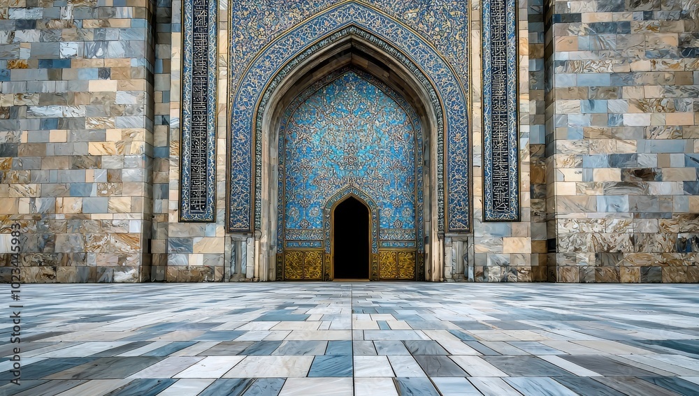 Obraz premium Arabian Style Blue and White Architecture with Arches, Mosaics, and Golden Details