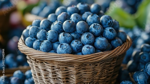 A vibrant basket filled with fresh, plump blueberries surrounded by more blueberries, showcasing their deep blue color and inviting texture.