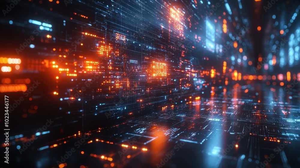 Fototapeta premium A vibrant, digital landscape featuring glowing blue and orange lights, representing advanced technology and data flow in a futuristic environment.