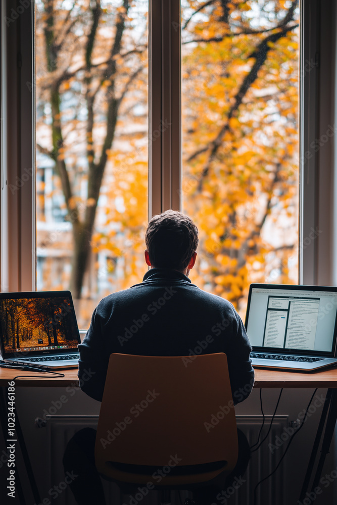 Man working at desk with laptops, autumn view outside window, trees, yellow leaves Man working at desk with laptops, autumn view outside window, trees, yellow leaves