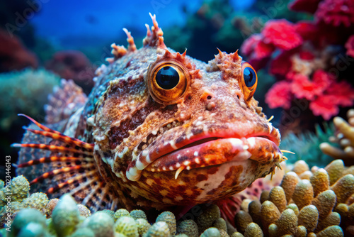 scorpionfish with vibrant colors and intricate patterns rests among coral reefs, showcasing its unique features and camouflage in stunning underwater environment