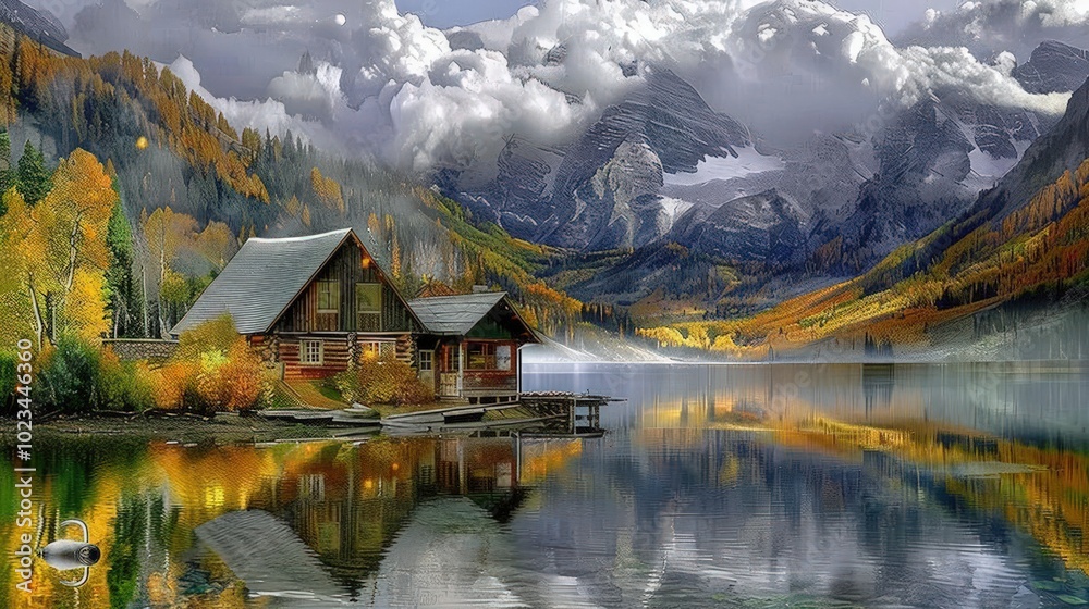Fototapeta premium Autumnal Cabin Retreat by a Serene Mountain Lake