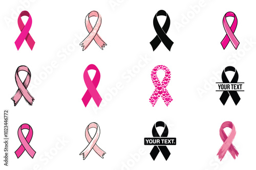 Breast cancer icon Set, Pink cancer ribbons collection. Cancer Ribbon Silhouette.