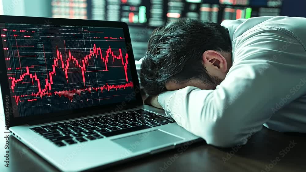 A man slumped over his desk, head resting on his arms, with a laptop showing a plunging stock market graph and red arrows, symbolizing financial ruin