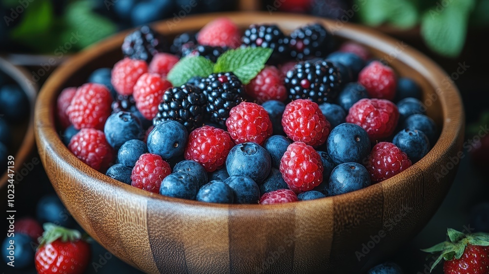 A vibrant bowl of mixed berries, featuring ripe raspberries, blueberries, and blackberries, garnished with a fresh mint leaf. A vibrant bowl of mixed berries, featuring ripe raspberries, blueberries, and blackberries, garnished with a fresh mint leaf.