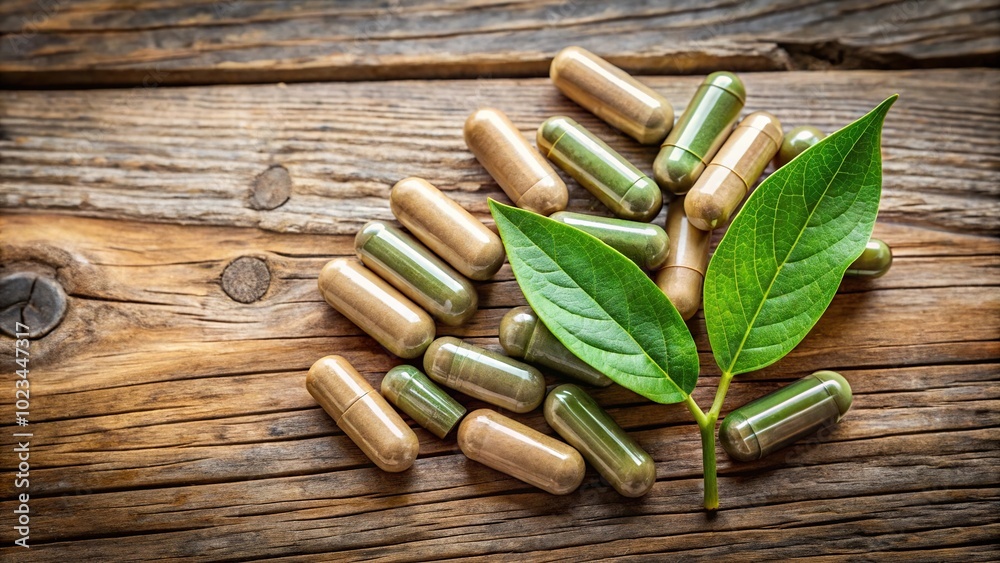 Herbal capsules from various herbs on rustic wooden table with leaf for healthy lifestyle