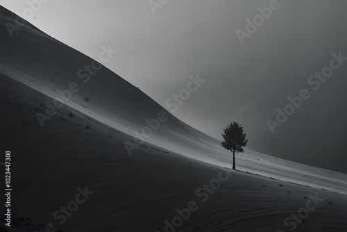 Solitary Tree on Misty Mountain Slope at Dusk photo