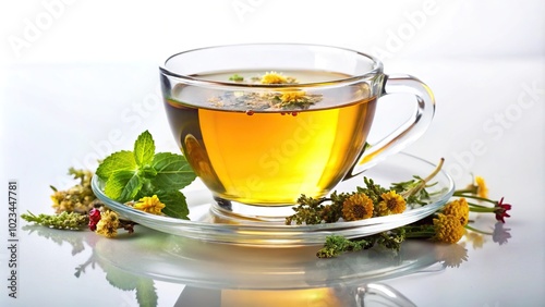 Herbal tea in a glass cup with chamomile flowers, tilted angle