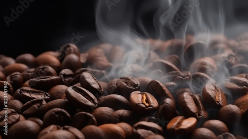 Grains of coffee with smoke on dark background, ready to be brewed into adelicious cup of coffee photo