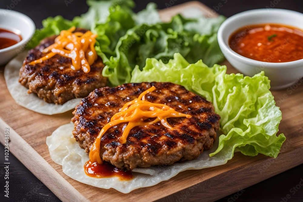 A close up of a sizzling tteokgalbi patty grilled to perfection, Ai Generated A close up of a sizzling tteokgalbi patty grilled to perfection, Ai Generated