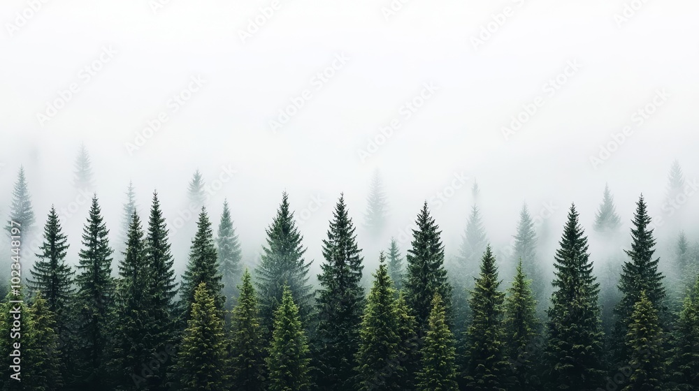 Continuous line of foggy coniferous trees, a peaceful and soft watercolor forest ideal for home decor Continuous line of foggy coniferous trees, a peaceful and soft watercolor forest ideal for home decor
