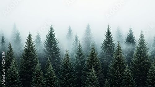 Continuous line of foggy coniferous trees, a peaceful and soft watercolor forest ideal for home decor