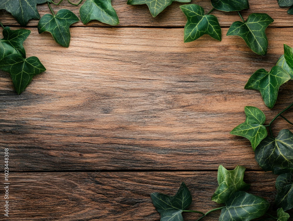 Wooden background with ivy leaves border, with space for text or logo. Wooden board table top with green leaf vines Wooden background with ivy leaves border, with space for text or logo. Wooden board table top with green leaf vines