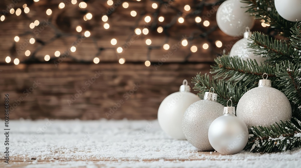 Festive display of sparkling white ornaments and fir tree branches on a snowy backdrop, radiating holiday warmth Festive display of sparkling white ornaments and fir tree branches on a snowy backdrop, radiating holiday warmth