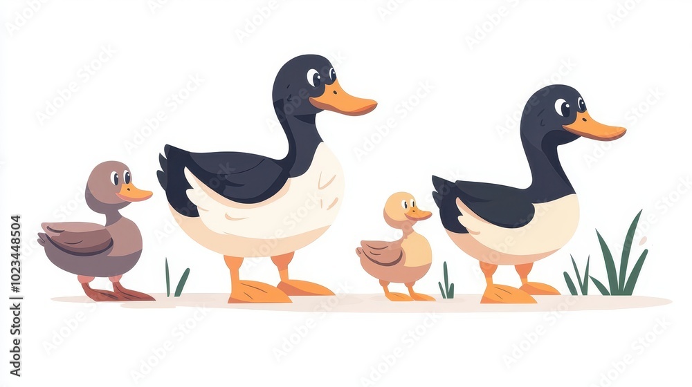 A family of ducks walking, cute cartoon style, pastel palette, isolated on white background A family of ducks walking, cute cartoon style, pastel palette, isolated on white background