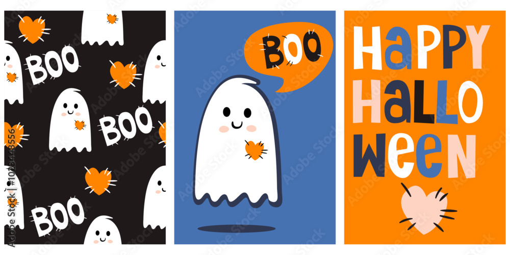Funny hand drawn illustration with a cute white ghost isolated on a purple background. Simple handwritten Halloween card. Pattern with ghosts and hearts. Funny hand drawn illustration with a cute white ghost isolated on a purple background. Simple handwritten Halloween card. Pattern with ghosts and hearts.