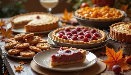 Assorted desserts with raspberry pie, fruit tarts, and cookies on a rustic wooden table
