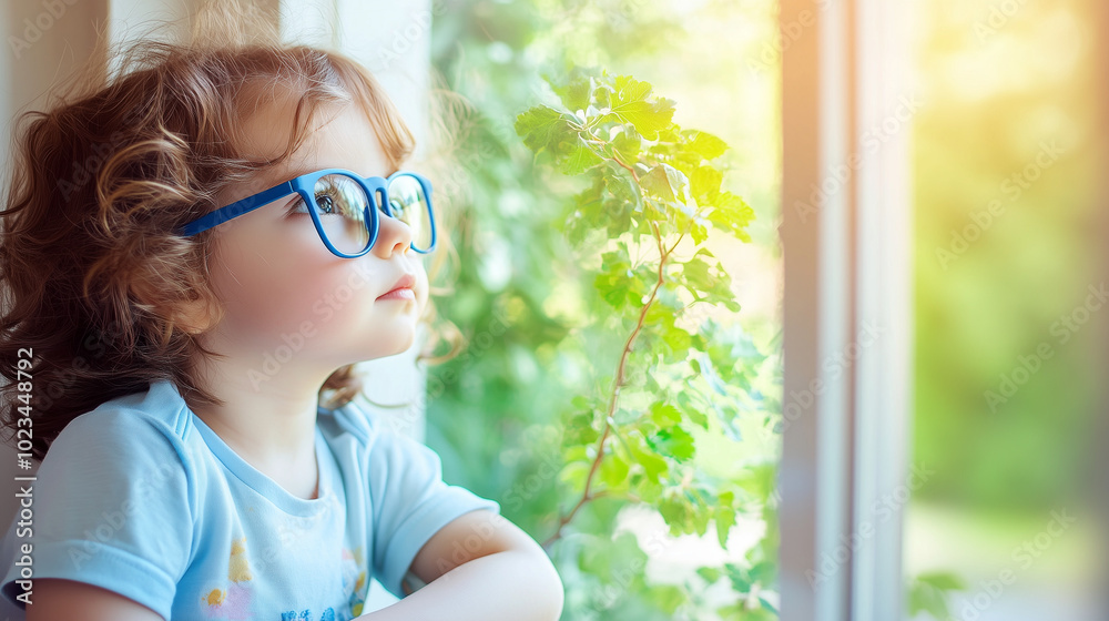 Young child wearing blue glasses focusing on distant tree outside window, symbolizing myopia prevention and importance of outdoor activities.