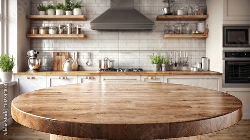 Empty round wooden table top with blurred modern kitchen interior in background