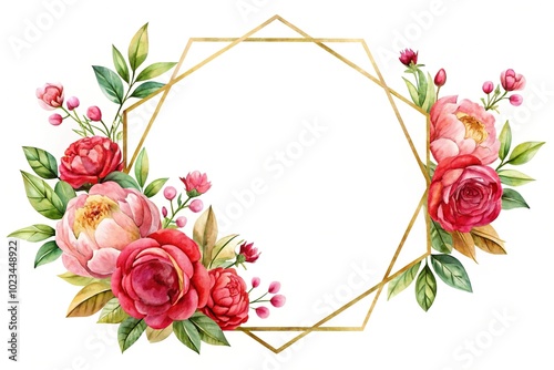 Fototapeta Naklejka Na Ścianę i Meble -  Hexagonal frame with watercolor flowers
