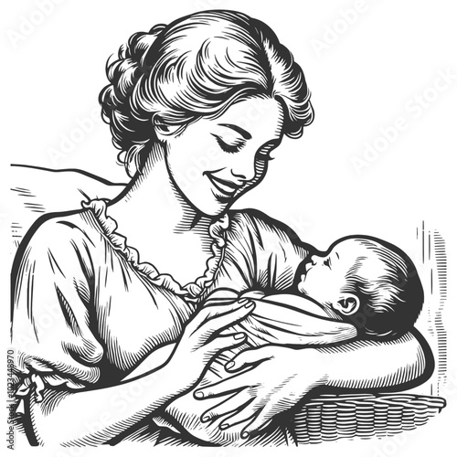 smiling mother cradling her newborn baby, symbolizing love, care, and maternal tenderness sketch engraving generative ai vector illustration. Scratch board imitation. Black and white image.