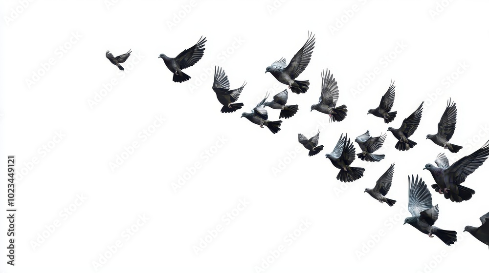 A flock of pigeons flying, photorealistic, soft lighting, isolated on white background A flock of pigeons flying, photorealistic, soft lighting, isolated on white background