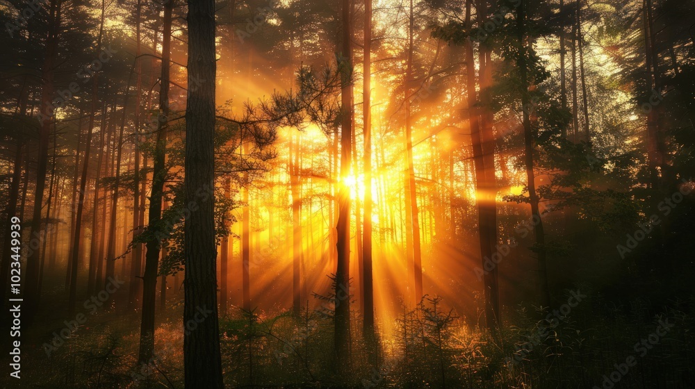 Fototapeta premium Golden Rays in a Misty Forest