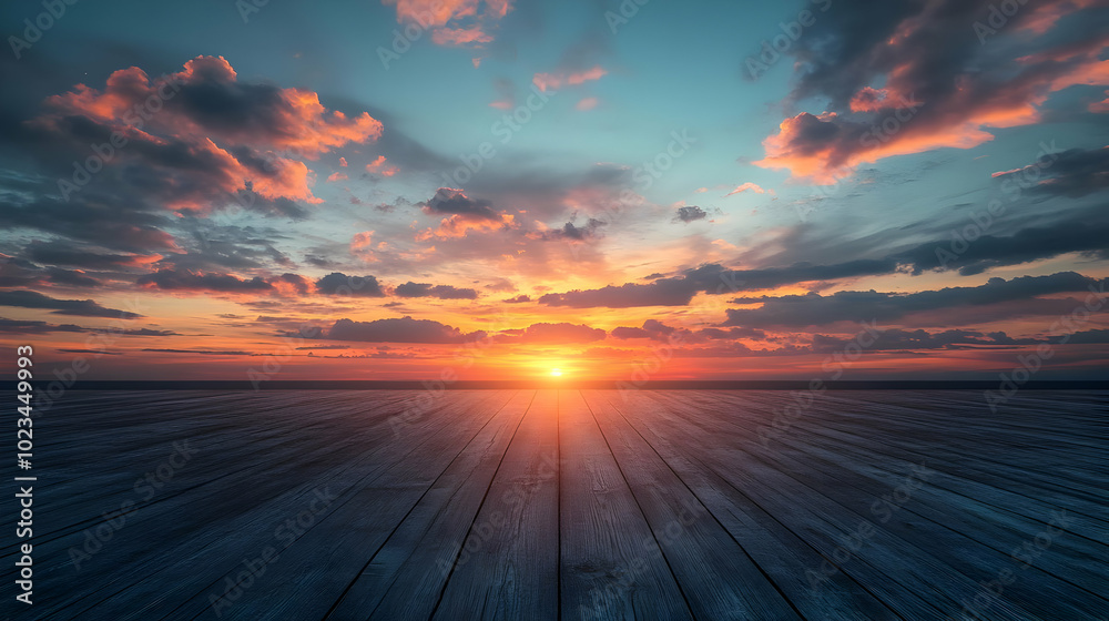 Sunset Cloudscape With Wooden Floor Background Sunset Cloudscape With Wooden Floor Background