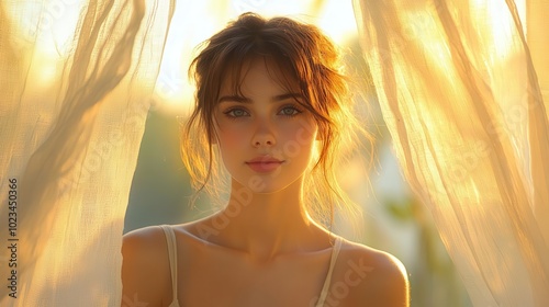 melancholic woman gazing out from behind a sheer curtain with a soft glow illuminating her expression capturing a moment of longing and solitude framed by delicate fabric and warm lighting