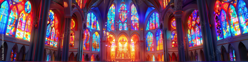 A European cathedral's stained-glass windows casting kaleidoscopic light upon the altar, embracing the pews in vibrant hues. A European cathedral's stained-glass windows casting kaleidoscopic light upon the altar, embracing the pews in vibrant hues.