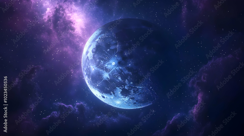 Obraz premium Crescent Moon and Nebula in Space - 3D Illustration
