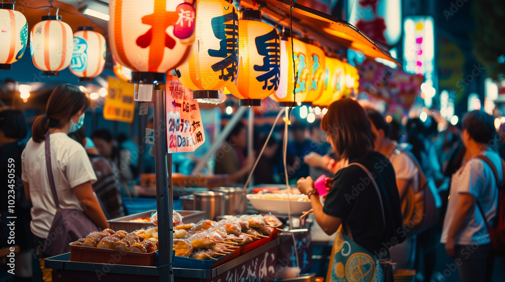 Naklejka premium Japanese food stall at a night market, colorful lights and people in the background2