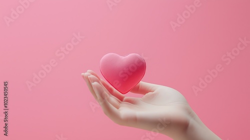 Tiny heart in a human hand on a pink background.