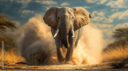 Big elephant walking in savannah.