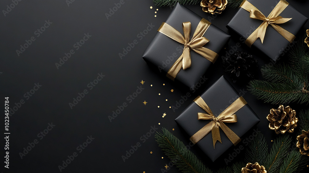 golden gift box with ribbon. Christmas composition. Space for text golden gift box with ribbon. Christmas composition. Space for text
