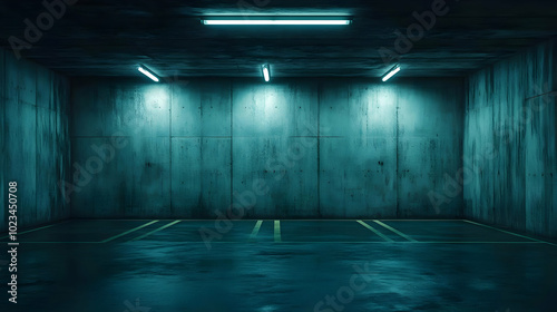 Empty Parking Garage with Fluorescent Lights 3D Illustration