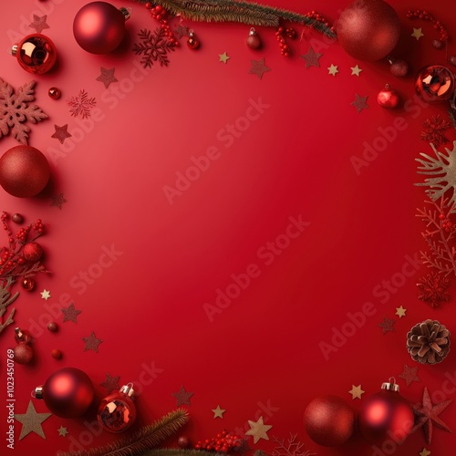 Red square Christmas background with ornaments and festive decorations