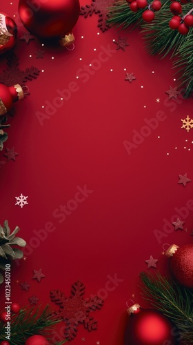 Red Christmas background with decorations, portrait orientation